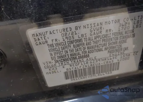 2021 Nissan Versa Sv Xtronic Cvt из США, поврежденный, VIN 3N1CN8EV2ML866988